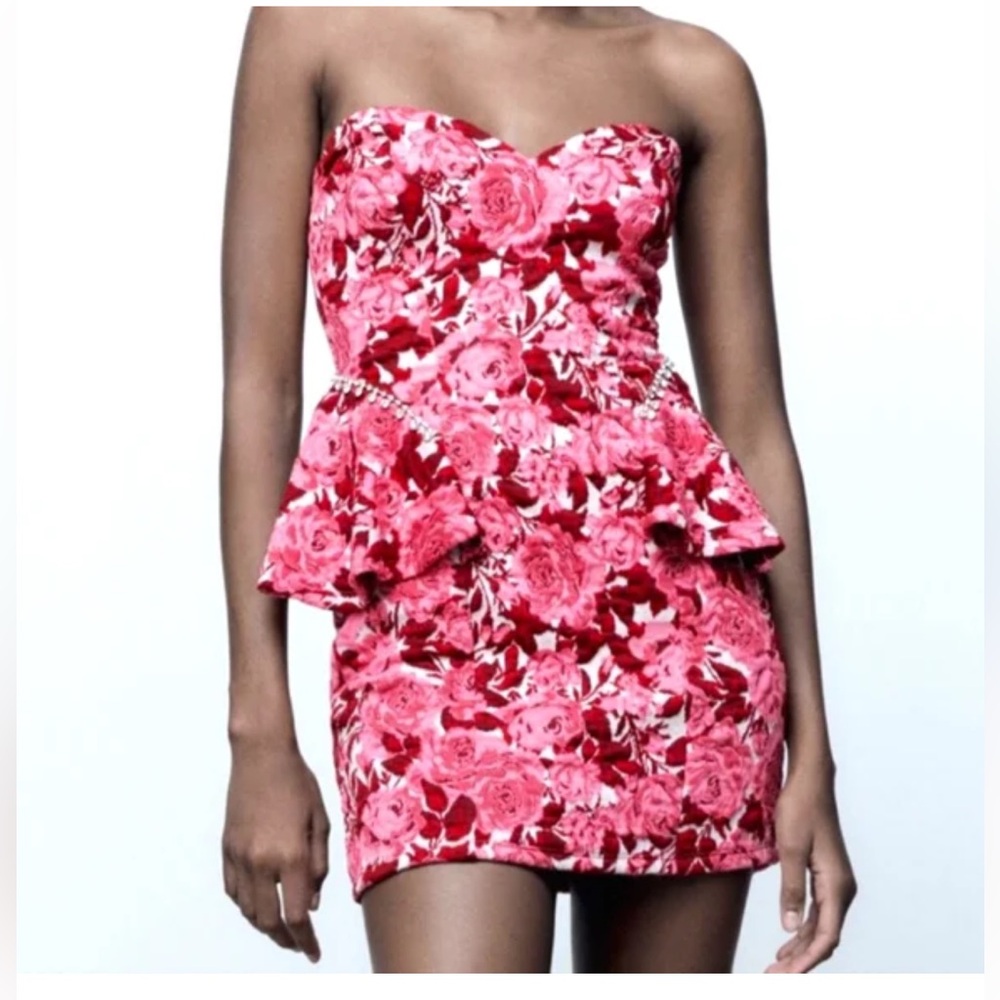 ZARA RED AND PINK JACQUARD DRESS